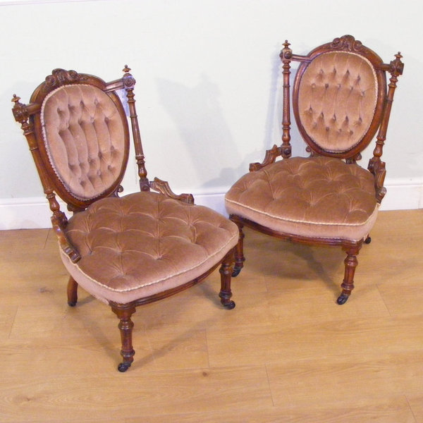 Pair Of Victorian Walnut Framed Low Easy Or Nursing Chairs